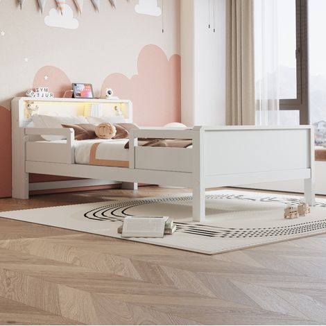 MEUBLIV Cama 90x200 cm blanca – cabecero con almacenaje, LED y USB, sin colchón (1/5)
