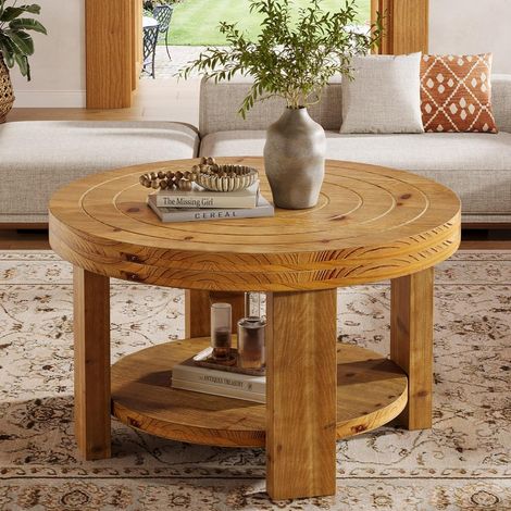 Tribesigns Round Coffee Table, 31.5" Farmhouse Solid Wood Coffee Table with Storage, 2-Tier Boho Accent Furniture for Living Room Center, Natural Brown Circle Design with Annual Ring Look (1/5)