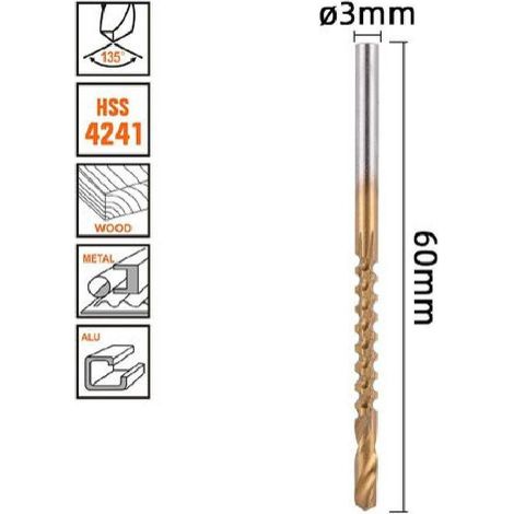 Kaela - Punta Trapano Elicoidale ø 3mmx60mm In Titanio Hss 4241 Per Metallo Legno 57147 - (1/2)
