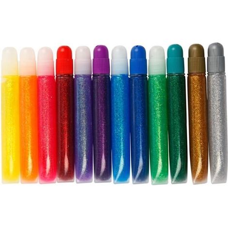 Colle à paillettes - Assortiment 12 couleurs - 10 ml par tube - Idéal pour créations - Effet scintillant