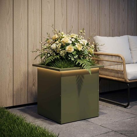 vidaXL Jardinera para jardín con luces LED Verde oliva 40 x 40 x 40 cm (1/5)