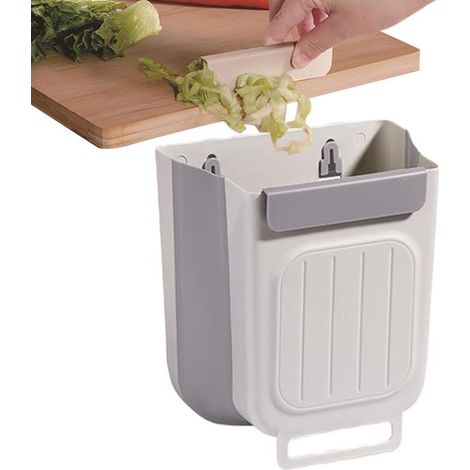 Poubelle pliable suspendue pour placard de cuisine 19 x 21 x 13,5 cm, poubelle gain de place avec design pliable, adaptée à la cuisine, salle de bain et camping-car, gris et blanc (1/5)