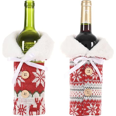 Ensemble de 2 housses de bouteille de vin de Noël - Pulls festifs en maille avec cols en fourrure, boutons et nœuds papillon, décoration idéale pour Noël, les mariages, les anniversaires et les fêtes  (1/5)