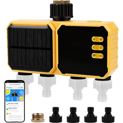 4 Way WiFi Automatic Watering Timer Irrigation Computer Solar Watering Timer with Rain Delay Compatible with APP for Garden, Lawn (1/5)