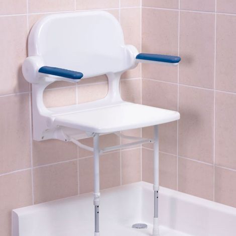 AKW 2000 Series Standard Fold Up Shower Seat with Back and Blue Arms - White (1/2)