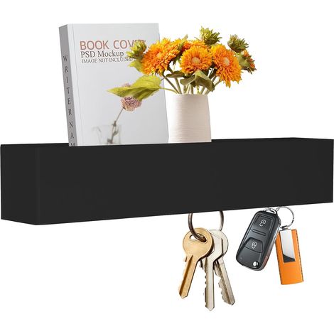 Accroche Clef Mural avec Étagère, Noir Porte Clé Mural Moderne, Porte Manteau Mural avec Etagere avec 5 Crochets et Vis de Fixation, pour Entrée, Salon, Couloir, Bureau, 43.5x7.5x8 cm (1/5)