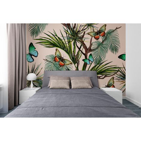 Papier Peint Tropical - Papillons et Palmiers Exotiques - 150 x 250 cm (1/2)
