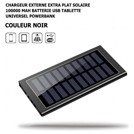 Chargeur Externe Extra Plat Solaire 100000 Mah Noir Batterie USB Tablette Powerbank, LED, Universel, Huawei, Samsung, Xiaomi