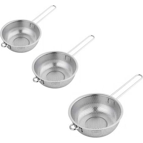 Colador de cocina de 3 piezas, Colador de acero inoxidable con forma de cuenco, Colador de cocina multifuncional, enjuagar, lavar fruta, Plateado (1/5)