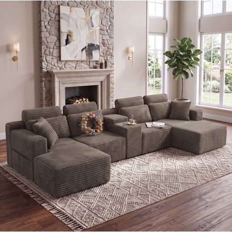 OKMYHOME U-Form-Modulsofa 372 cm mit Getränkehaltern, Cordbezug in Khaki (1/5)