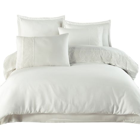 Bettwäsche-Set 220x200 Satin, 100% Baumwolle, verziert mit klassischer Guipure-Spitze, Creme (1/3)