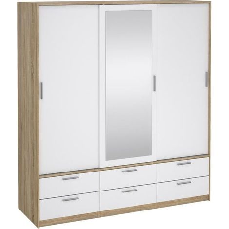 Armoire dressing décor blanc et chêne – 3 portes coulissantes avec miroir – 6 tiroirs – L181,4 x P60,25 x H200 cm – 1000Brico (1/5)