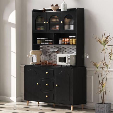 Hochschrank MDF/PB schwarz 120x40x190 cm mit Lochplatte, Fluted-Glas-Türen, 3 Schubladen und höhenverstellbaren Böden (1/5)