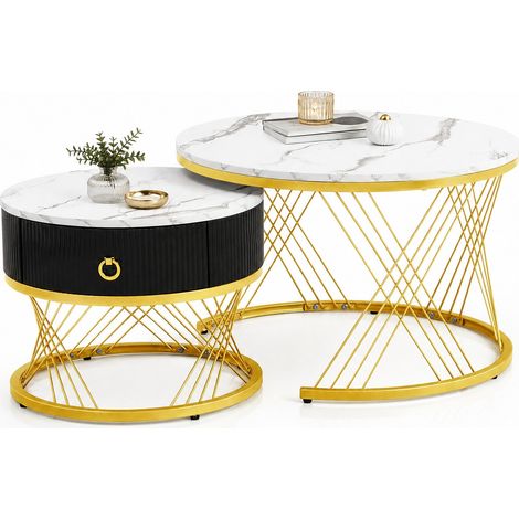 Table basse gigogne 2 pièces effet marbre blanc, détails dorés, tiroir décoratif et pieds réglables pour salon moderne, pratique et élégante  CHICFURN (1/5)