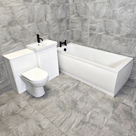 Bathroom Suite with Black Taps White Vanity Unit 1050mm with Bath Modern Ross, No End Panel (1/5)