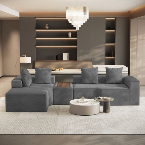 Divano angolare modulare a 3 posti con lato sinistro in velluto a coste compresso,con tavolino multifunzionale integrato,320x152x59cm,grigio (1/5)