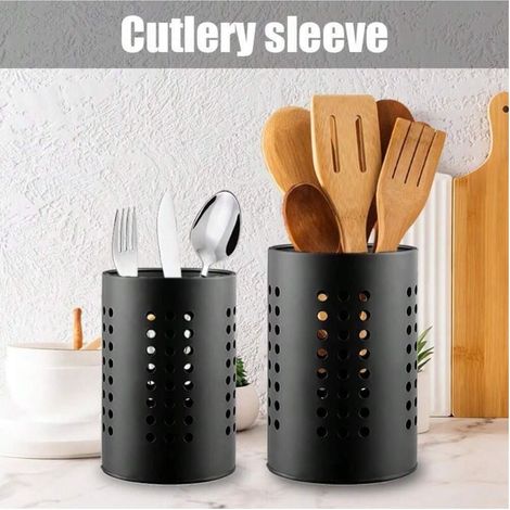 Support à ustensiles de cuisine, lot de 2 supports à couverts en acier inoxydable, panier à couverts pour organiser les ustensiles de cuisine, les couverts, les casseroles, le rangement, noir (1/3)