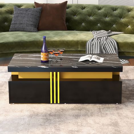 Table basse rectangulaire - 100x50x40cm - 2 tiroirs en bois, plateau effet marbre - plateau laqué brillant - noir (1/5)