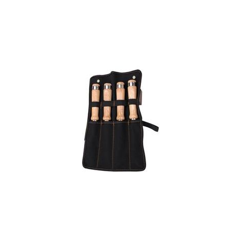 Set professionale di 4 scalpelli per legno con robusti manici in legno e custodia in pelle, ideale per la lavorazione e l'intaglio del legno (8 mm, 10 mm, 16 mm, 20 mm). (1/4)