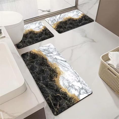 Absorbent Non-Slip Bath Mat with Black and Gold Marble Pattern, Diatomite Bathroom Mat, Quick-Drying Washable Shower Mat, for Kitchen Sink (Style C, 40x160cm) (1/5)