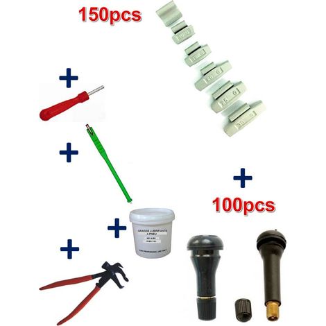 Kit 150 Masses d’Equilibrage à Frapper 5 à 30g +100 Valves TR413-414 + Tire Valve + Démonte Obus + Graisse Pneu + Pince