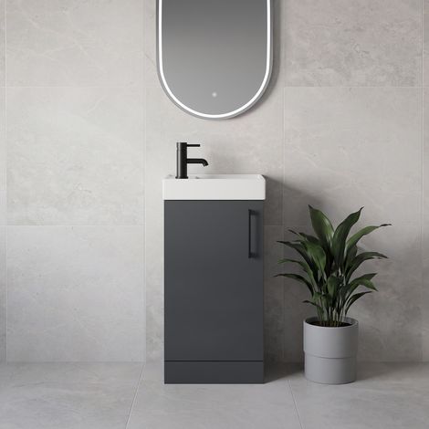 Napoli Cube Gloss Grey 400mm Single Door Vanity Unit with Align Basin - 400mm - Matt Black 160mm Handle