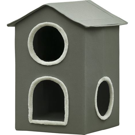 Casetta per Gatti a Due Livelli con Cuscini Lavabili 3 entrate, 42x46x59.5 cm, Grigio (1/5)