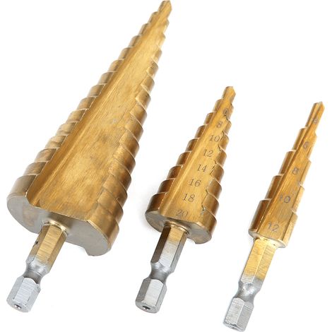 3 forets coniques étagés en acier rapide 312/4×12/20 mm, queue hexagonale. (1/5)