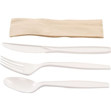Kit couverts blanc 4 en 1 en maïs : couteau + fourchette + cuillère + serviette kraft - 500 unités - Betik