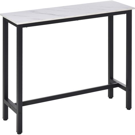 Table haute et meuble bar design avec plateau effet pierre et pieds réglables - Structure acier robuste 120x40x100cm blanc et noir - Usage polyvalent pour salon et salle à manger (1/5)
