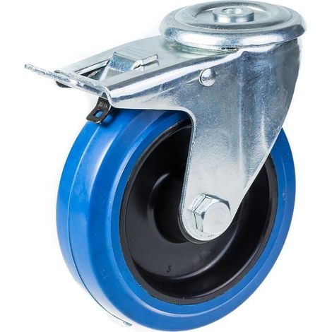 Roue pivotante/freinante de 125 mm avec caoutchouc élastique bleu sur roue centrale en nylon (1/5)