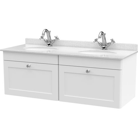 Swynnerton Traditional 2 Drawer Wall Hung Vanity Unit with Double Marble Basin, Satin White, 1200mm