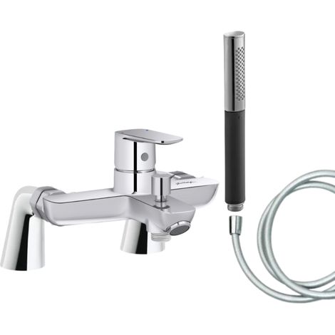 Mitigeur baignoire JACOB DELAFON July+ + pommeau de douche Shift Ellipse + flexible de douche lisse + colonnettes (1/4)