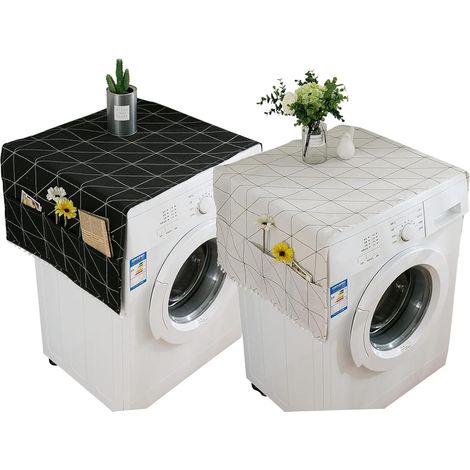 Couvre-machine à laver avec poches latérales, housse anti-poussière lave-linge, housse en lin coton de style pastoral pour réfrigérateurs laveuses sécheuses, 2 pièces 55 x 130 cm (noir et blanc) (1/5)