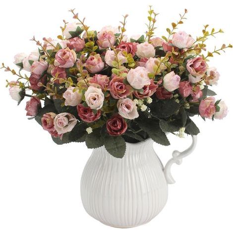 [JAMAIS UTILISÉ]AIDUCHO Bouquet Artificiel Avec Roses Artificielles, 7 Tiges, 21 Fleurs, Fleurs En Soie, Idéal Comme Décoration 2 Pièces De Café Rose (1/5)