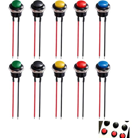 10 Pièces Bouton Poussoir Momentané 16mm, Interrupteur Poussoir Rond Étanche Pré-Câblés, Commutateur ON OFF Sans Verrouillage Multicolore pour Voiture Tableau de Bord Klaxon Bateau DIY Électronique (1/5)