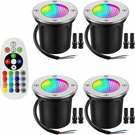 Foco LED RGB empotrable, resistente al agua IP67, 6W, 12-24V, bloques de terminales incluidos, paquete de 4 para uso en exteriores y paisajismo.