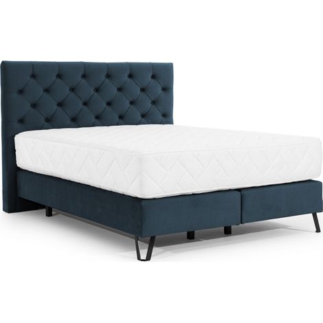 Lit continental capitonné tissu bleu Pozza avec matelas 30cm en latex et pied métal noir-180x200 (1/5)