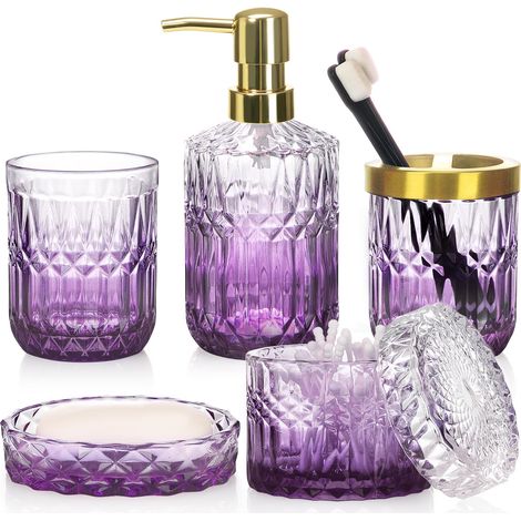 Ensemble d'accessoires de salle de bain en verre avec distributeur de savon, porte-savon, porte-brosses à dents, porte-cotons-tiges, kits de décoration de salle de bain (violet) (1/5)