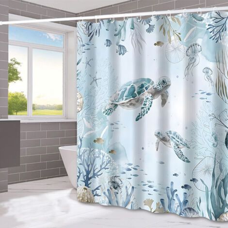 Rideau de douche Tortue de mer Bleu Océan Algues Rideau de bain Tissu polyester Anti-moisissure Imperméable Lavable Rideau de salle de bain 180 x 180 cm avec 12 crochets pour baignoire (1/5)