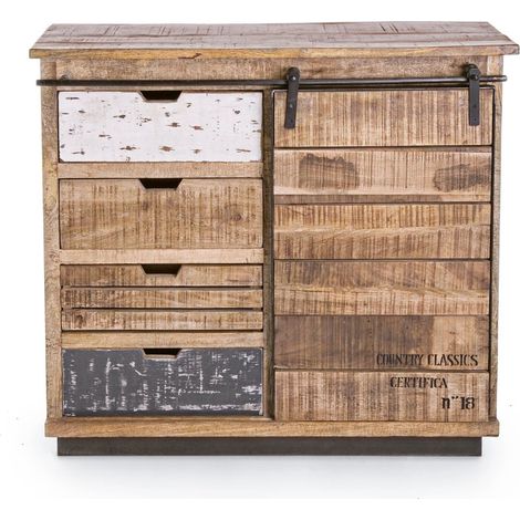 Buffet bas en bois de manguier et métal 1 porte coulissante 4 tiroirs - HARLEM (1/5)