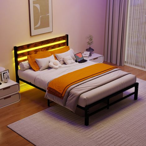 Cadre de lit métal 140x200 – tête de lit, lattes acier, rangement sous lit – sans sommier, silencieux (1/5)