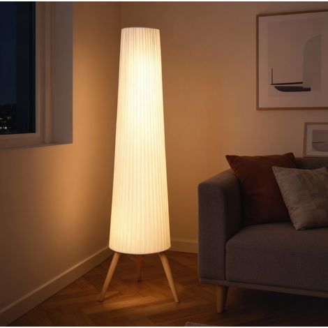 Lampadaire LED dimmable salon 46x46x153 cm en bois blanc, trépied, interrupteur au pied FLORAGRACE (1/5)