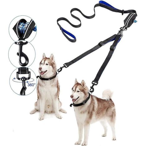 Laisse double pour 2 chiens, pour 2 grands chiens (50 kg/180 lbs), avec distributeur de sacs à déjections, longueur réglable de 2 m, réfléchissante et anti-nœuds (2 chiens) (1/4)