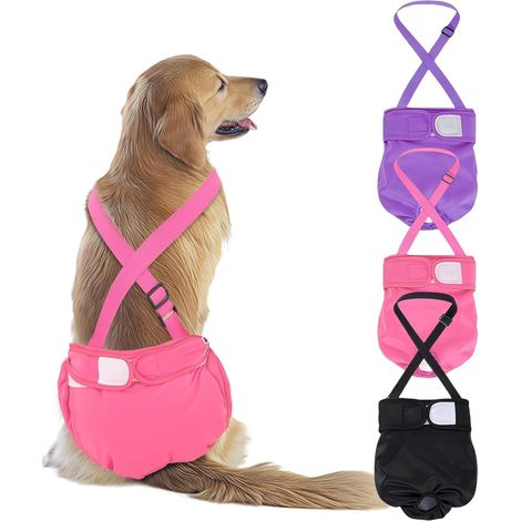 3PCS Couches Lavables pour Chienne Femelle avec Bretelles, Culotte Chiennes Chaleurs Réutilisables, Couches Chien Lavable-Rouge+Violet+Noir(XL) (1/5)