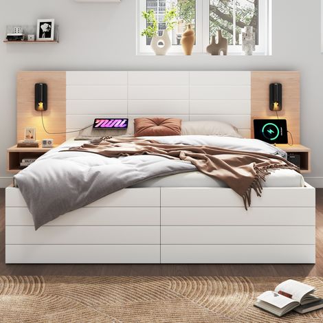 Letto matrimoniale in legno massello e MDF bianco/rovere chiaro 140x200 cm con 2 cassetti, 2 comodini, luce lettura e USB (1/5)