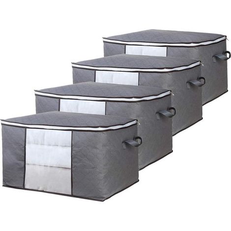 Sac de Rangement Vetement Lot de 4, Grande Non-Tissé Sac de Rangement sous Lit avec Poignée pour Couette Vêtements édredons Couvertures Oreillers Jouets, 60 x 40 x 35 cm, Gris-Fei Yu (1/4)