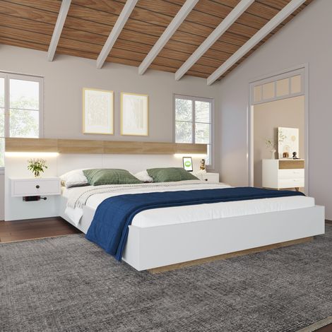 Bett aus Holzwerkstoff in Weiß/Sonoma-Eiche 140x200 cm, inklusive 2 LED-Nachtkommoden, Lattenrost und USB/Typ-C-Anschluss