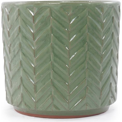 Vaso in ceramica Ø20 cm verde salvia lucido con rilievo a spiga e foro di drenaggio (1/5)