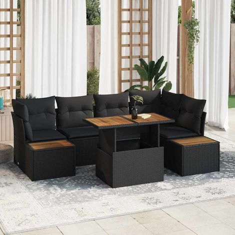 6-teiliges Garten-Sofa-Set mit Kissen in Schwarz aus Poly Rattan vidaXL (1/5)